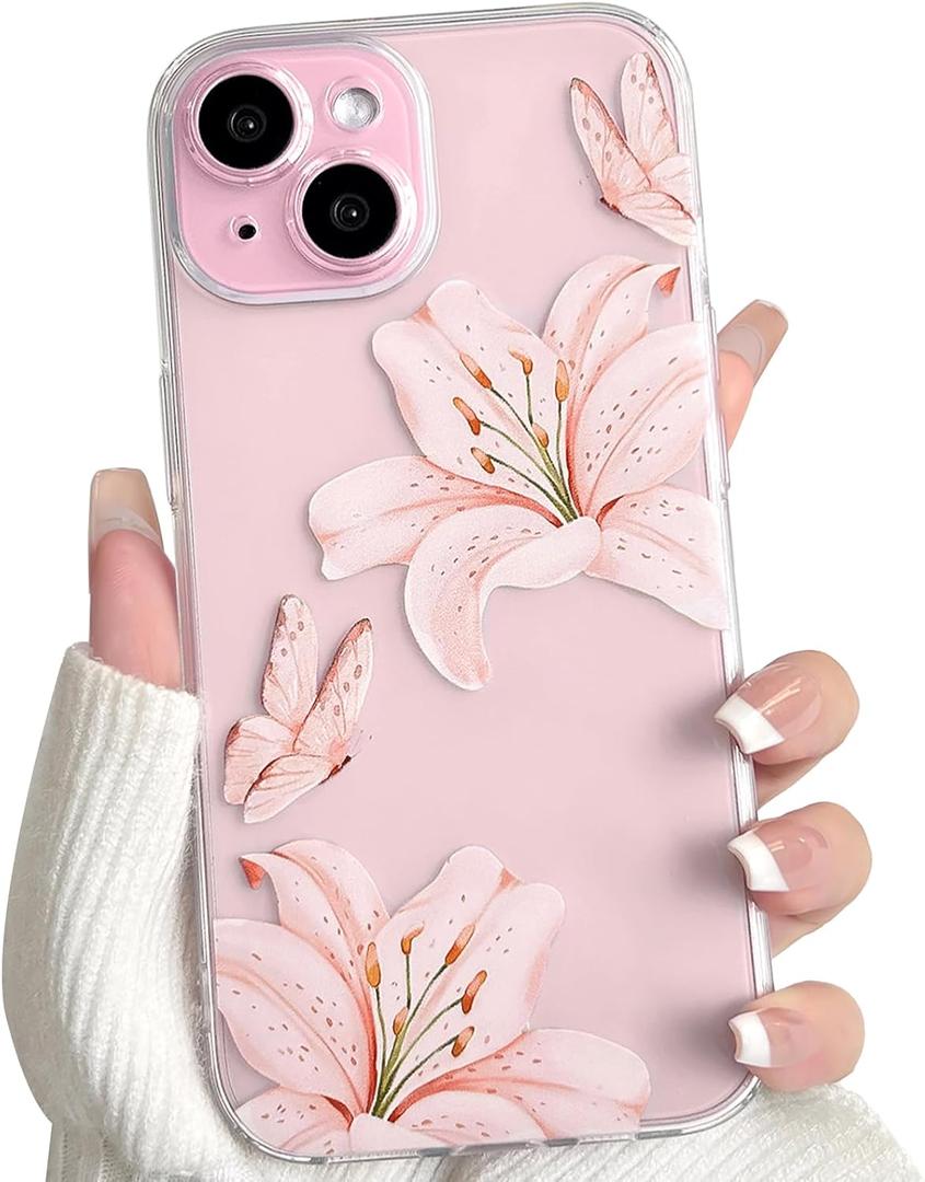 NITITOP Compatible with iPhone 15 Plus Case Clear Cute Butterfly Lily Flower Floral Pattern for Women Girls Full Camera Lens Clear Slim Shockproof Protective Phone Cover - Light Pink