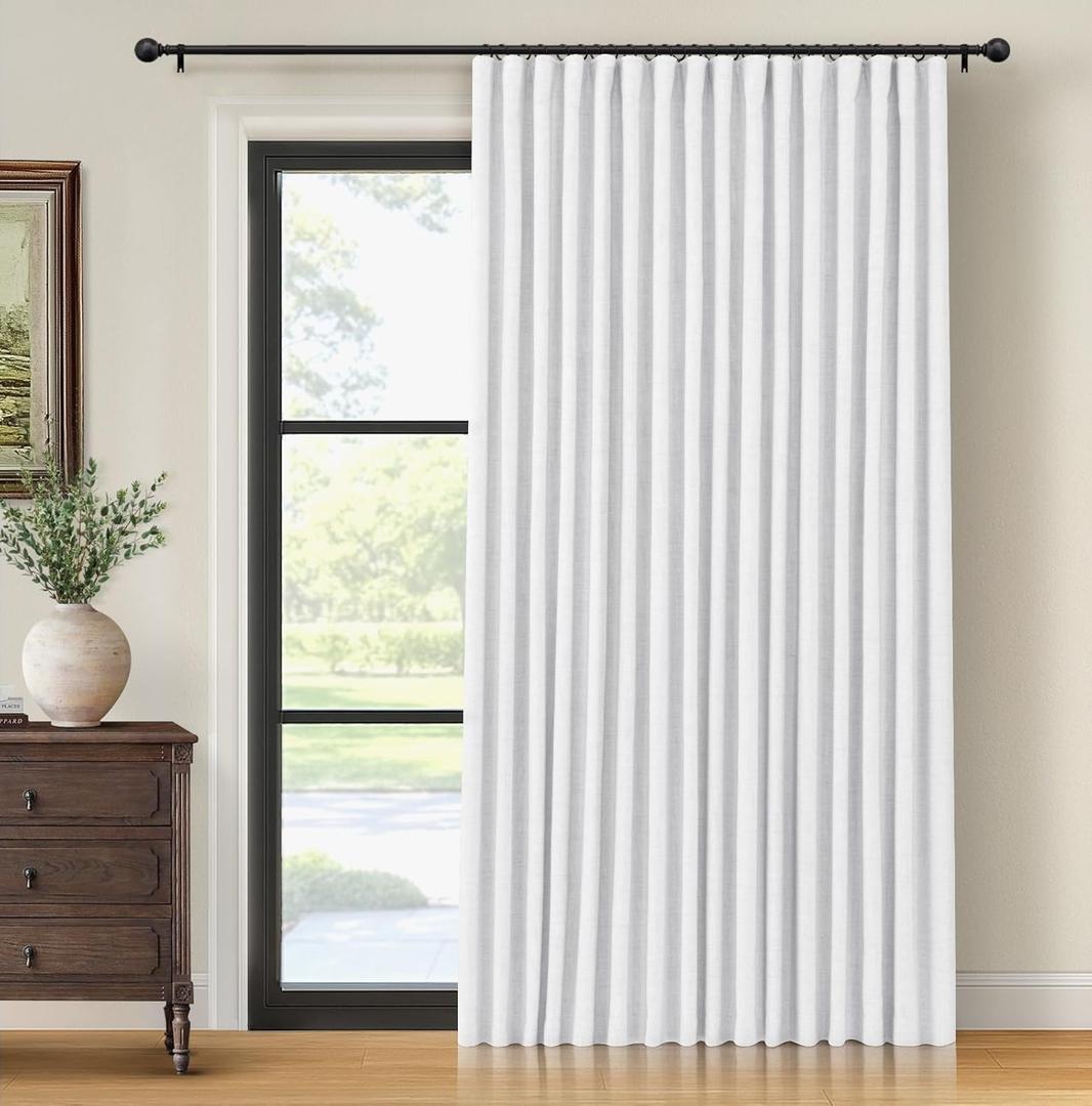INOVADAY Thermal Sliding Door Curtains 100% Blackout Curtains for Bedroom, Sliding Glass Door Drapes Extra Wide for Patio Linen Textured Farmhouse Window Treatment, Bright White, 1 Panel, W100xL108