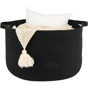 XUANGUO Extra Large Cotton Rope Basket Blankets Basket Living Room 22"x14" Toy Baskets for Kids and Dogs Rope Storage Baskets for Nursery Woven Laundry Baskets for Clothes Towels round black