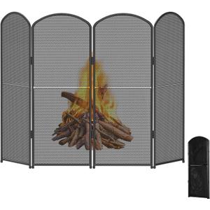 4-Panel Fireplace Screen, 47.8" W x 31" H Foldable Wrought Iron Fire Spark Guard, Decorative Metal Mesh Fireplace Cover for Living Room, Fire Cover for Baby,Pet Proof Safety Gate Black