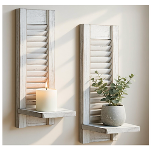 Farmhouse Candle Sconces Set of 2, Distressed White Wood Shutter Wall Candle Holder, Hanging Wall Decor for Living Room Bedroom Bathroom, 15.7" H