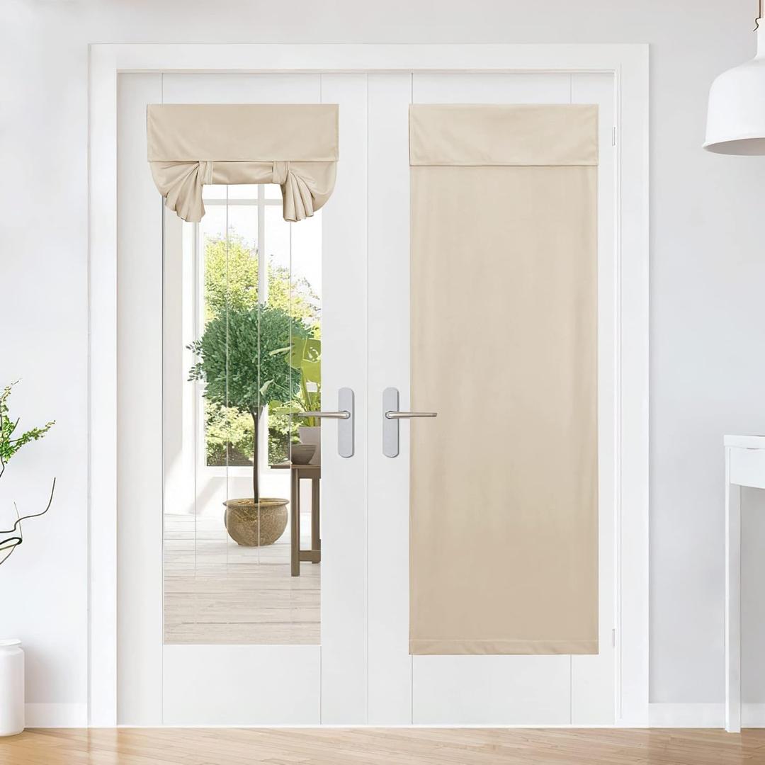 NICETOWN French Door Velvet Curtains for Living Room, Adjustable Ties Sticky Back Design Farmhouse Blackout Room Darkening Privacy Thermal Insulated Curtains for Bedroom,26W x 69L, Light Beige, 1 PC