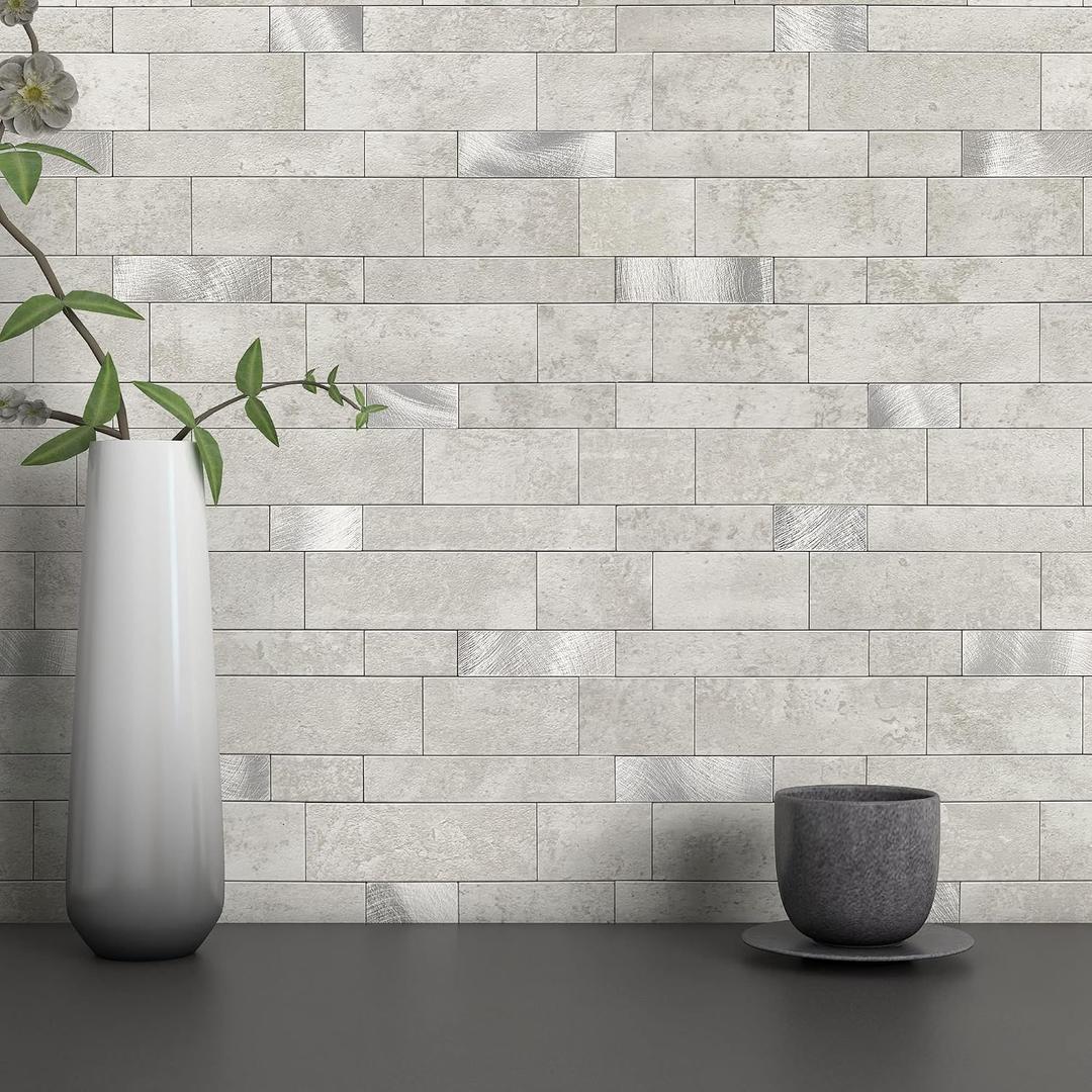 MOFIT Backsplash Tile for Kitchen Peel and Stick Stone Matte Finish,Bathroom Tiles Stickers 3D Wall Panel Linear Mosaic Marble Backsplash Waterproof(10sheets,Cement Grey)