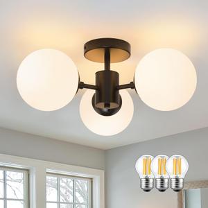 Mid Century Modern Black Semi Flush Mount Ceiling Light 3 Light Frosted Globe Glass Black Chandelier Modern Light Fixtures Ceiling Light Fixture for Bedroom Living Room Entryway (Bulb Incl.) (Opal-Black)