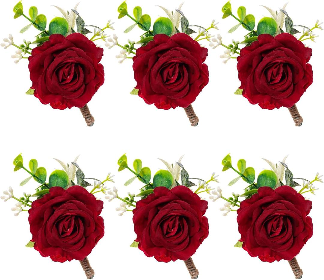 Ivory Rose Boutonniere for Men Wedding Set of 6 Groom Groomsmen Best Man Artificial Flowers Boutonniere for Wedding Ceremony Anniversary Prom Flowers Formal Dinner Party (6, Red, Middle)