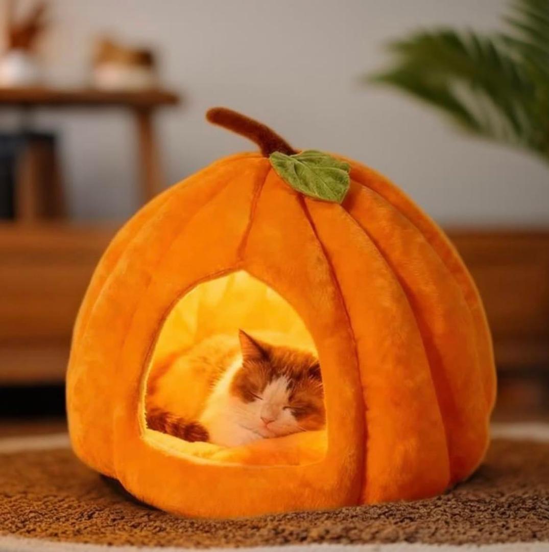 2025 Pumpkin Cat House, Cute Pumpkin Shape Cat Cave, Cozy Washable Pumpkin Cave Tent Pumpkin Cat Bed with Removable Cushion for Indoor Cats & Small Dogs, 2026 New Pumpkin Cat Bed