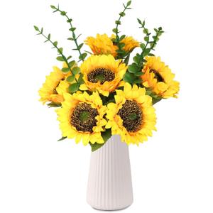 Artificial Flowers with Ceramic Vase, Silk Sunflower Fake Flowers in Vase for Home Office Decoration, 15'' Floral Arrangements for Dining Table Centerpiece, Bathroom, Wedding Decor