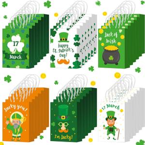 Fumete 48 Pcs St. Patrick's Day Gift Bags with Handles 6.3 x 3.15 x 8.66 Inch Irish Clover Shamrock Leprechaun Green Paper Treat Bags for Holiday Classroom Party Favors Gift Wrap Supplies