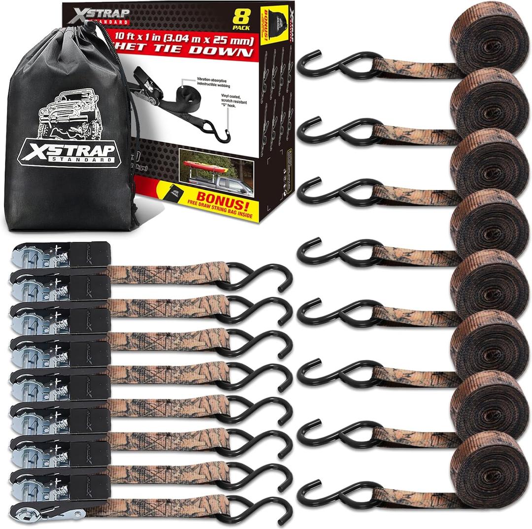 XSTRAP STANDARD Ratchet Tie Down Straps - 8PK - 1'' x 10 ft - 900 LB Break Strength Cargo Straps for Moving Appliances, Lawn Equipment, Motorcycle (Camouflage2) XSTRAP STANDARD Ratchet Tie Down Straps - 8PK - 1'' x 10 ft - 900 LB Break Strength Cargo Straps for Moving Appliances, Lawn Equipment, Motorcycle (Camouflage2)