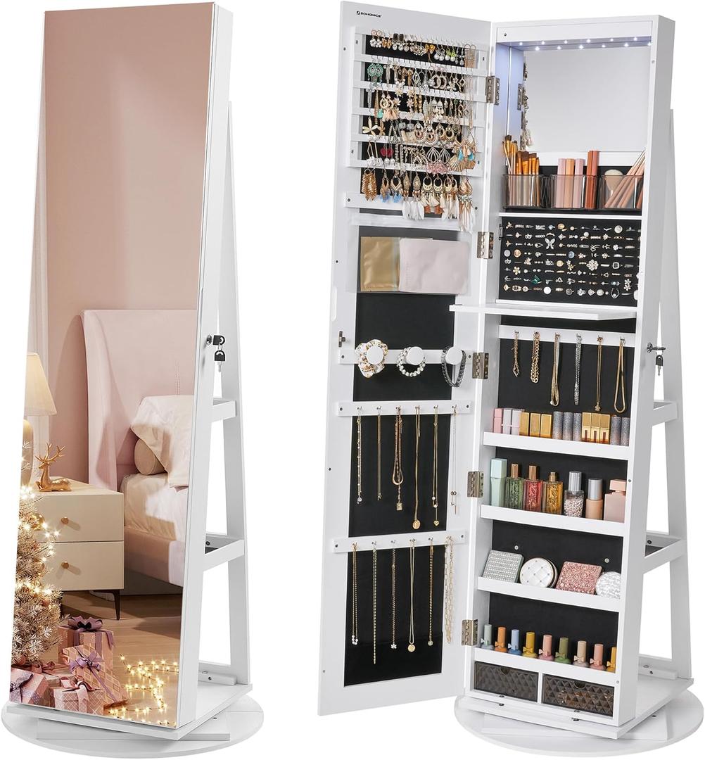 SONGMICS 6 LEDs Lockable Mirror Jewelry Cabinet, 360 Swivel Jewelry Organizer Armoire Standing, Frameless Full-Length Mirror, 3 Storage Shelves, Christmas Gifts, White Surface Black Lining JJC95W
