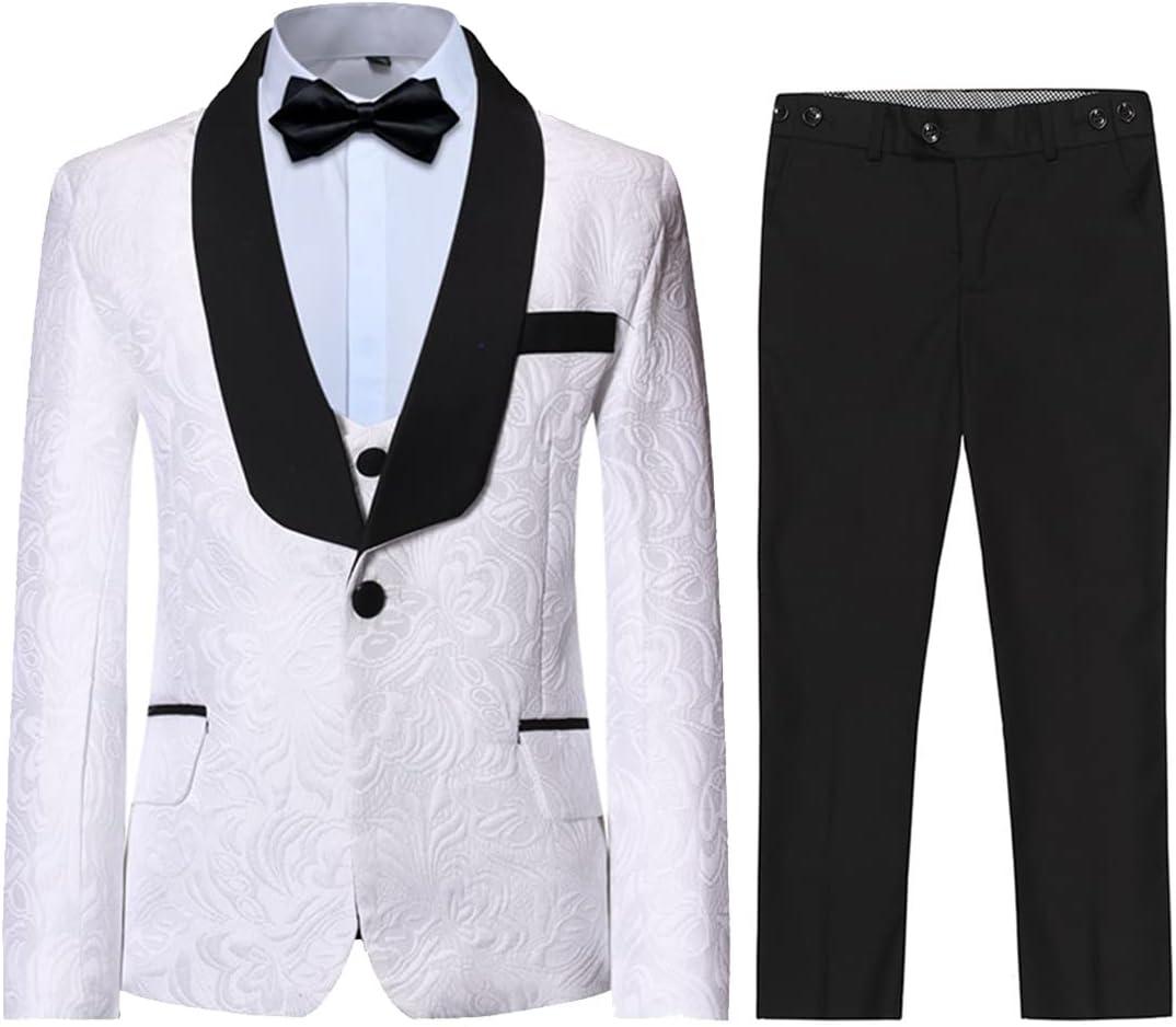 SWOTGdoby Boys 3 Pieces Suit Slim Fit Jacquard Tuxedo Formal Shawl Collar Jacket Vest Pants Ring Bearer Outfit Wedding Prom, Size 150