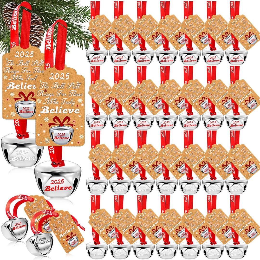 30 Sets Christmas Bells Decor Christmas Believe Bell Ornaments Bulk Polar Express Bell Decorations Xmas Party Gifts Favors Tags Silver Sleigh Jingle Bells for Christmas Tree Decoration(1.6 Inch)