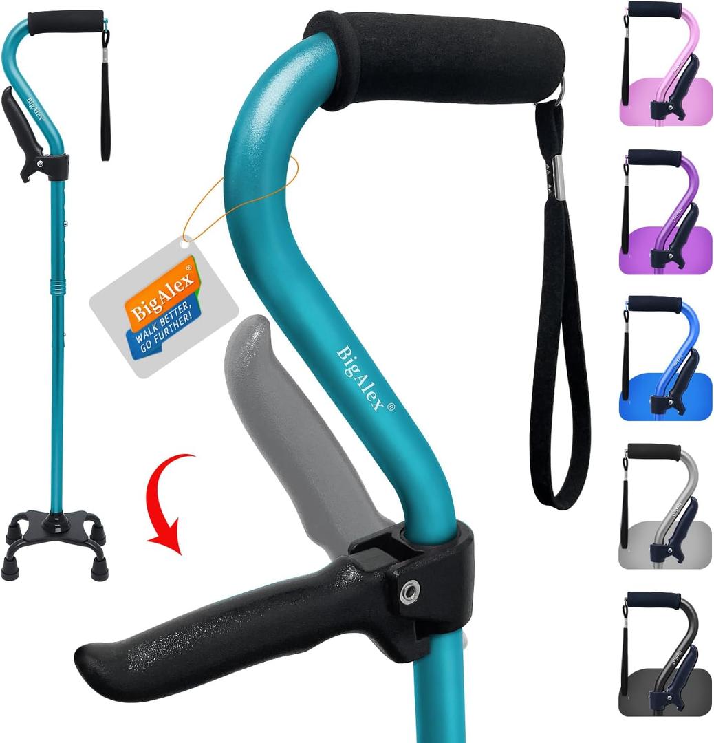 BigAlex Walking Cane, Adjustable Quad Cane with 4-Pronged Base for Elderly, Collapsible Walking Stick with Lift Handle, Canes with Foam Padding Grip for Men Women and Seniors (Cyan)
