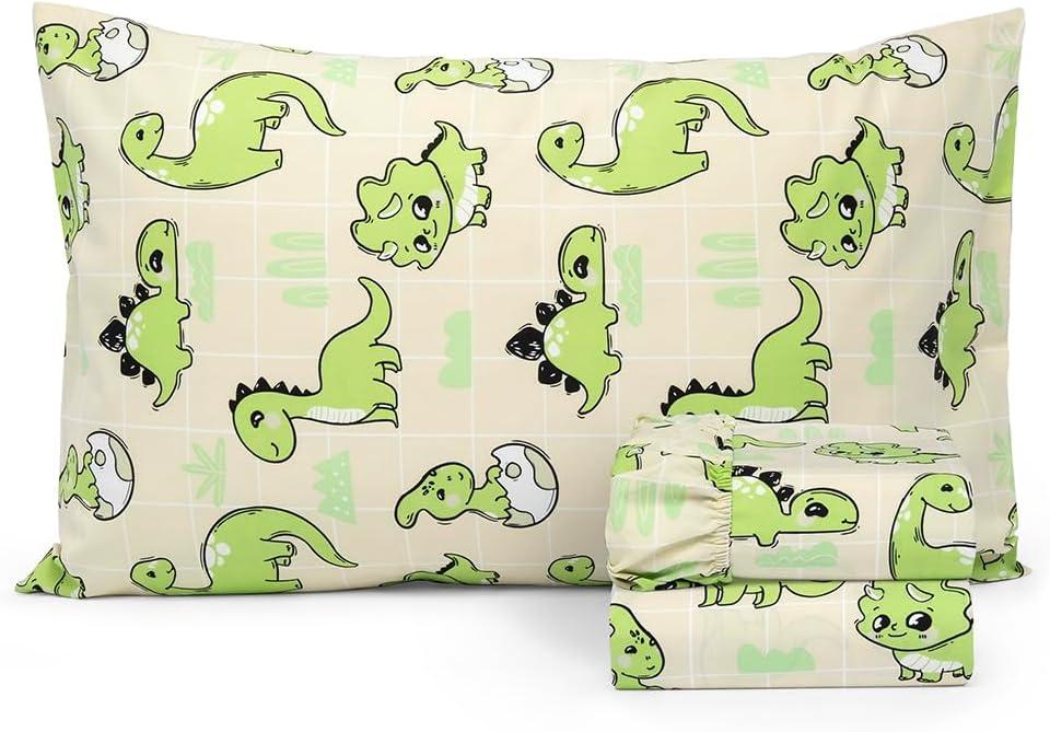 Salt Earth 100% Cotton 210TC Kids Bedsheet, Twin Sheets Set for Toddler Bed, 3 Piece Bedding Set Including Flat Sheet, Fitted Sheet, and Pillowcase, Themed Cute Sheets for a Playful Kids Bed (Dino)