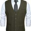 HISDERN Men's Suit Vest Plaid Dress Vest for Men Slim Fit Formal Business Waistcoat Tuxedo V-Neck Solid Vest for Wedding (Medium)