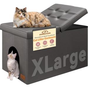 Cat Litter Box Enclosure Furniture for Odor Control, Hidden Cabinet Cat Litter Box Furniture Ottoman with Flip-Up Lid,Cats Litter Box Bench with Storage Space, Dog Proof (Gray-Faux Leather, X-Large)