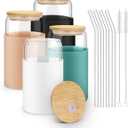 sungwoo Glass Cups with Lids and Straws, 4 Pack 16OZ Iced Coffee Cups with Silicone Sleeve, Glass Tumbler with Straw and Bamboo Lid, Home Essential Drinking Set for Juice, Cocktail and Latte 4 Colors