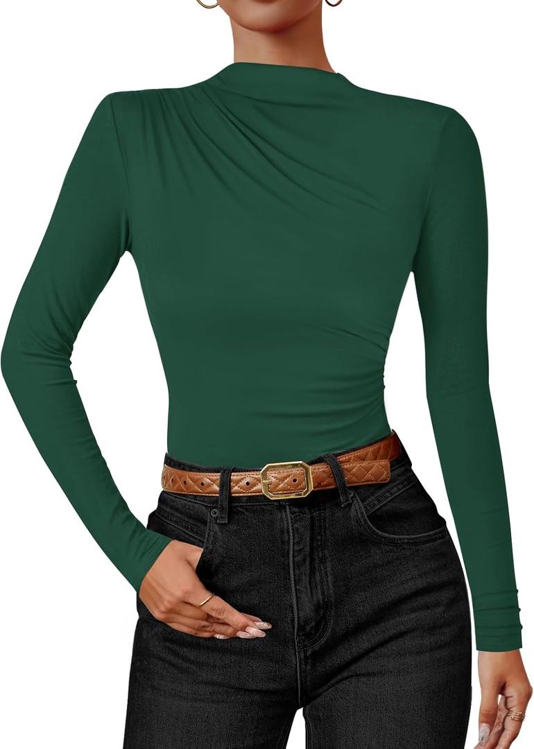 ZESICA Women's Long Sleeve Tops Mock Neck Ruched Tight Shirts 2026 Spring Trendy Outfits (Green, S)