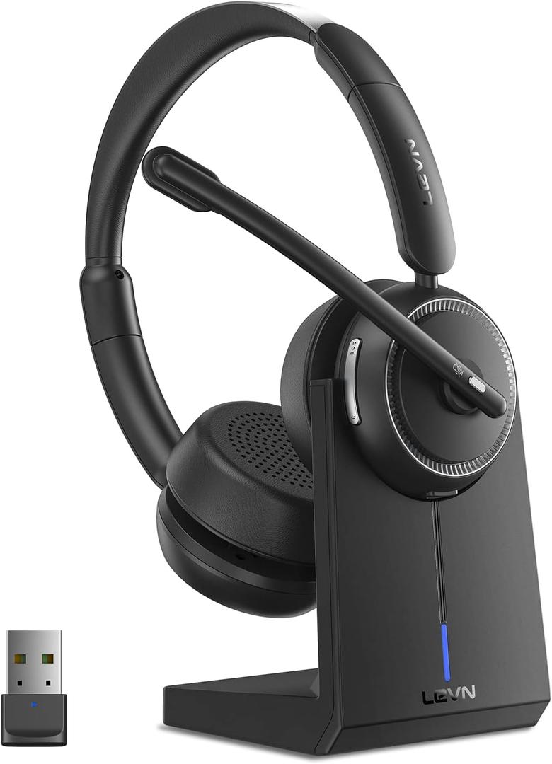 LEVN Wireless Headset with Mic for Work, Bluetooth Headset with Microphone (Noise Cancelling), 65 Hrs Working Time 2.4G Wireless Headphones with Mic for Work/Call Center/PC/Computer/Laptop/Teams/Zoom
