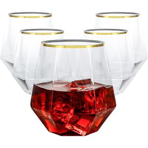 Goodluck 40 PCS Diamond Stemless Plastic Whiskey Glasses, 12 Oz Disposable Cocktail Glasses, Suitable for Weddings, Birthday Parties, Family Gatherings, Bars, etc Gold rimmed cups (Clear and Gold)