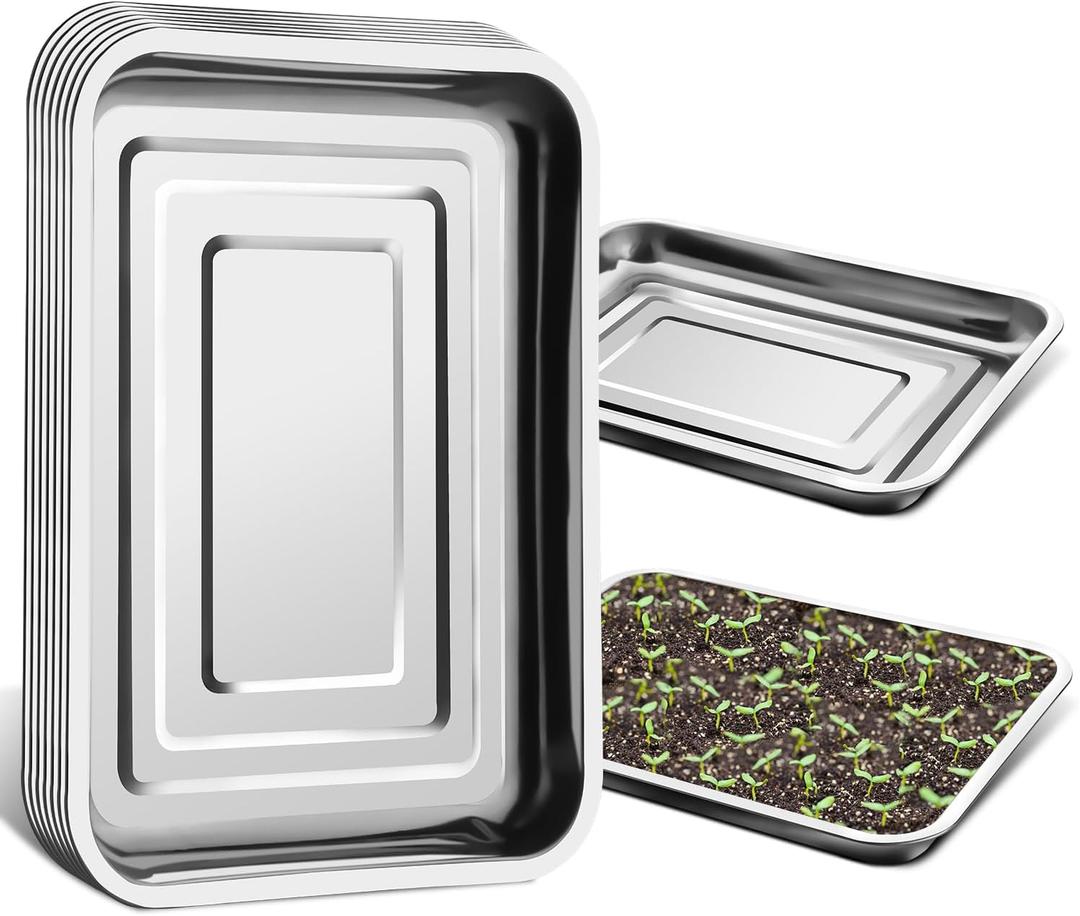 Stainless Metal Trays, Stainless Steel Seed Starter Carry Tray Fit 54 Cell Plug Tray, Nursery Seedling Pots Water Collection Transplantation (11.6 inch15.2 inch, 1.45" Height, 10-Pack)
