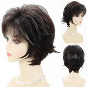 SEVENCOLORS Short Wigs for Women Dark Brown Pixie Wigs with Grey Highlights Straight Layered Synthetic Hair Wigs with Bangs