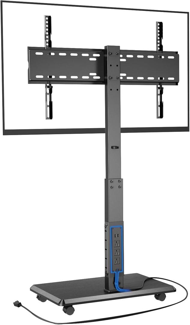 Rolling TV Stand with Power Outlet, Mobile TV Stand for 32-75 Inch TVs up to 110 lbs, 30 Swivel TV Floor Stand, 18 Adjustable Heights, TV Cart on Wheels for Bedroom, Office, Outdoor, Black