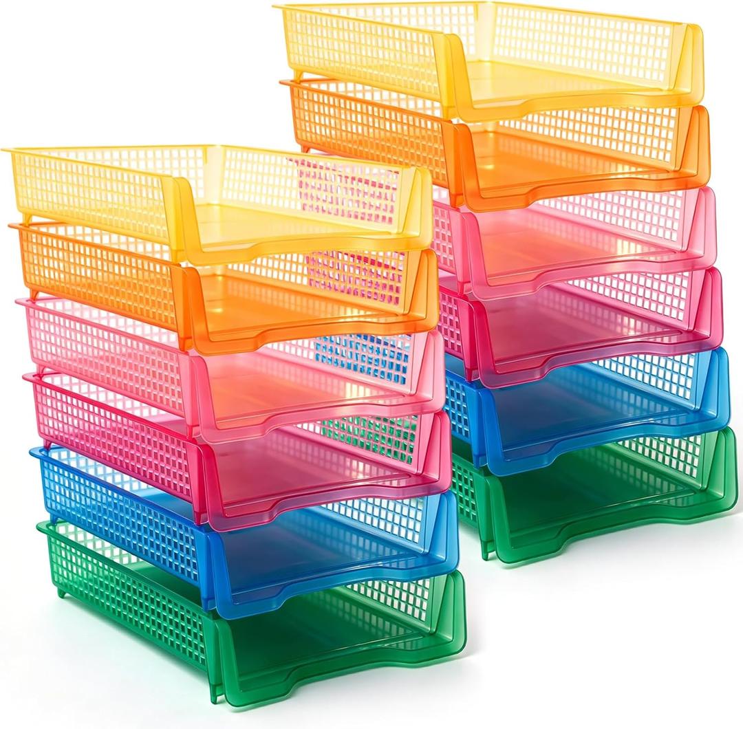 Geetery Turn in Trays Classroom, Clear Mixed Color, Set of 12 | Plastic Trays for Teachers Stackable Paper Tray Classroom Teachers Desk Letter Organizer Storage Baskets for Office,Desk,Home