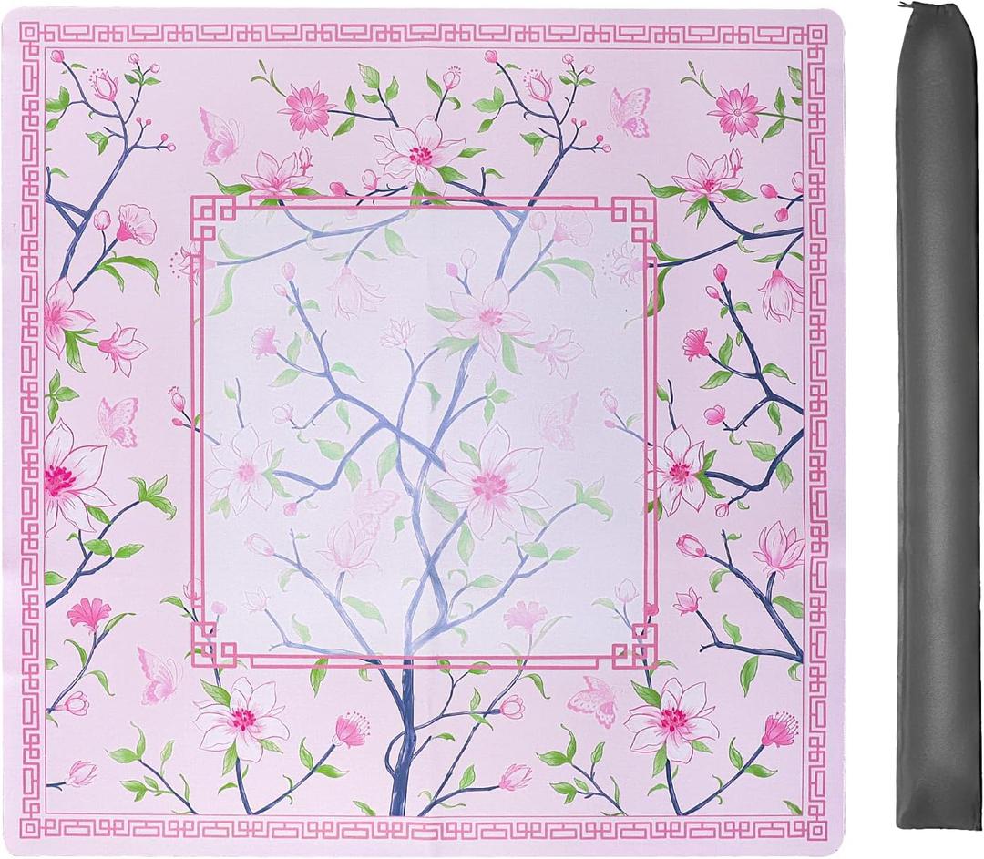 Jongyance Pink Printed Mahjong Mat (31.5x31.5) with Black Carrying Bag, Anti-Slip, Noise-Reducing, Mahjong Table Mat for Mah-jongg,Poker, Board Games, Dominoes, and Card
