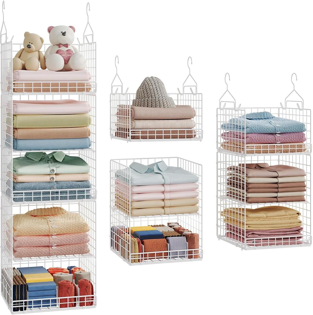 Yuyetuyo 5 Tier Hanging Closet Organizer Separable Hanging Closet Shelves with 4 Hooks 2 Adjustable Dividers, Wire Storage Basket Bins for Clothing Sweaters Socks Dolls Handbags, Foldable