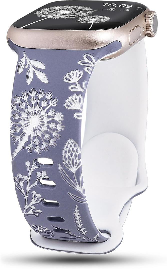 Wearlizer Floral Engraved Band Compatible with Apple Watch Bands 38/40/41/42/44/45/46/49mm Women, Two-Tone Flower Silicone Cute Sport Strap for iWatch Series 11 10 9 8 7 6 5 4 3 SE/Ultra 3 2 1 (Blue/White)