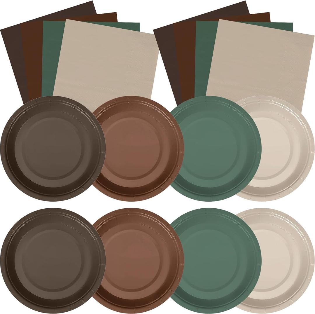 Zhehao 120 Pcs Disposable Paper Dessert Plates and Napkins Set, 7 Inch Party Cake Appetizer Plate with Napkin for Birthday Baby Shower Wedding Easter(Brown, Sage Green)