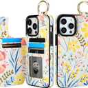 HAOPINSH for iPhone 14 Pro Max Wallet Case with Card Holder, Floral Flower Print Back Flip Folio PU Leather Kickstand Card Slots Case, Finger Grip Ring Double Magnetic Clasp Shockproof 6.7"