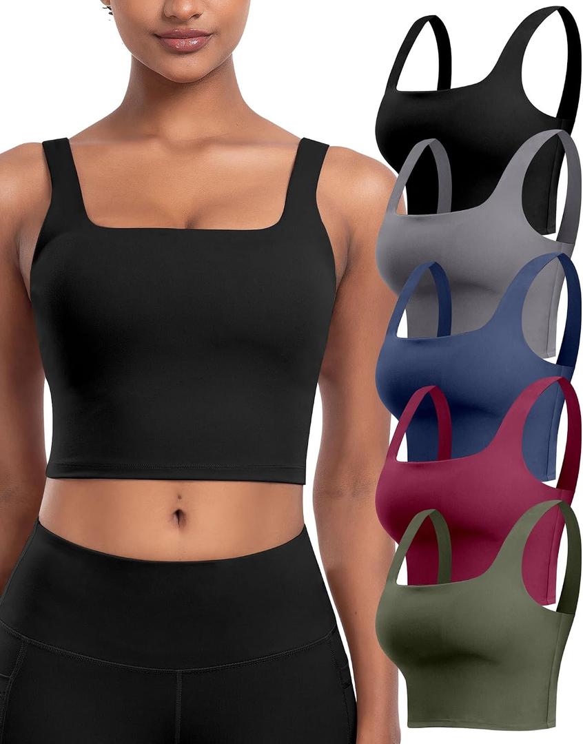 Womens Sports Bras 5 Packs - Square Neck Longline Workout Crop Tank Tops Padded Yoga Camisole with Built in Pads (Black), XXL