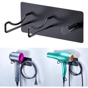 Hair Dryer Holder Wall Mounted, Universal Blow Dryer Holder, Hairdryer Storage Hanger with Plug&Cord Hook, Adhesive Hair Tool Organizer for Bathroom, Black
