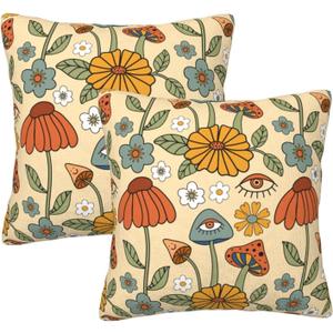 Yellow Orange Floral Boho Throw Pillow Covers 18x18 Set of 2 Cute Psychedelic Mushrooms Fun Decorative Pillow Covers, 70s Retro Funky Hippie Abstract Aesthetic for Home Decor Couch Bedroom