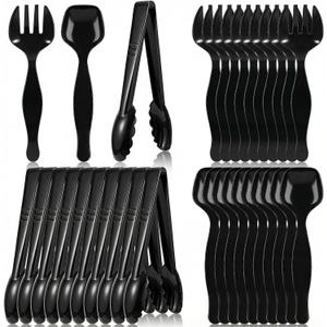 30pcs Disposable Plastic Serving Utensils Set 8.6'' Disposable Black Plastic Serving Spoons Forks Tongs Heavy Duty Black Large Party Utensils Supplies for Buffet Restaurant Dinner Wedding Salad Noodle