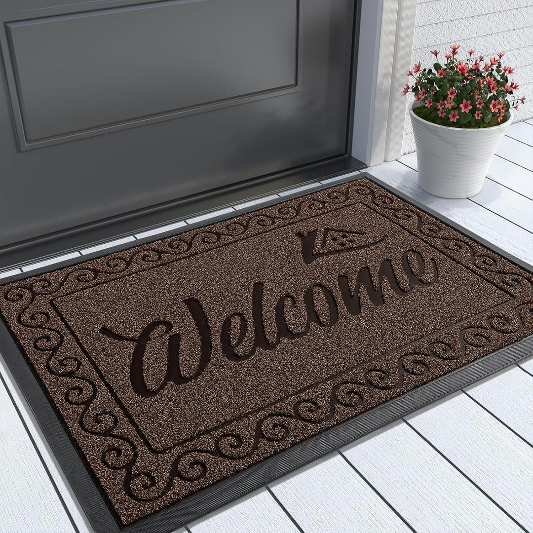 Yimobra Welcome Mat, Heavy Duty Sturdy Door Mats for Home Entrance Outdoor Indoor, Front Doormat for Outside Patio Floor Entry Porch Garage Office, Waterproof, Low Profile, 29.5 x 17, Coffee