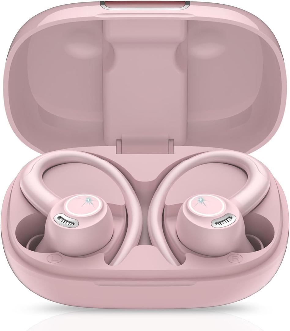 Wireless Earbuds Bluetooth 5.3 Headphones Sports, 48Hrs Playback Over Ear Buds with CVC8.0 Mic, Bass Stereo Bluetooth Earbuds with Earhooks, LED Display, IP7 Waterproof Earphones for Running Pink
