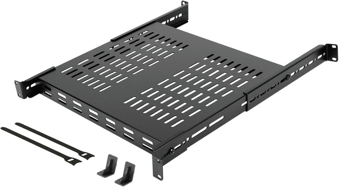 Tecmojo 1U 4-Post Vented Server Rack Mount Shelf,13.8in Deep with Adjustable Depth 13.8-23.6inch,Supports to 242 lbs,Universal Tray for 19 Inch AV/Network Equipment Rack,Black