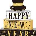 Thyle 4 Pcs Happy New Year Decorations Wooden Tiered Tray Decor Happy New Year 2026 Table Centerpieces Black Gold Table Decor Eve Party Supplies for Holiday Gifts