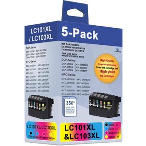 LC101 XL Ink Cartridges High Yield Replacement for Brother LC101 Ink Cartridges LC103 Work for MFC-J870DW MFC-J6920DW MFC-J6520DW MFC-J450DW Printer (2Black 1Cyan 1Magenta 1Yellow, 5-Pack)