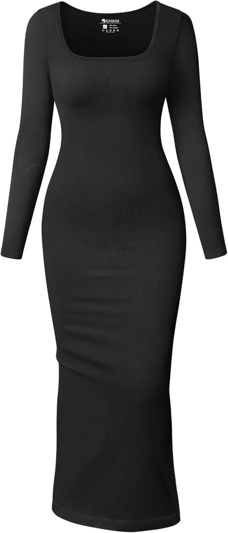 OQQ Women's Long Sleeve Maxi Dress Square Neck Ribbed Bodycon Lounge Soft Dresses (Black), XL 