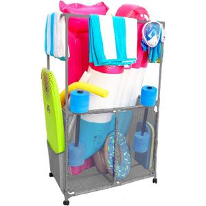 Pool Equipment Holder with Towel Drying Bars, Mesh Rolling Multi Use Storage Organizer Bin, Large Towel Hanger (25" L x 34.5" W x 62.6" H), Gray
