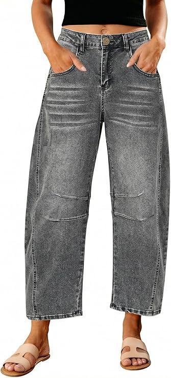 GRAPENT Barrel Jeans for Women Trendy High Waisted Wide Leg Baggy Cropped Relax Fit Stretch Denim Trouser Ankle Pants , XL