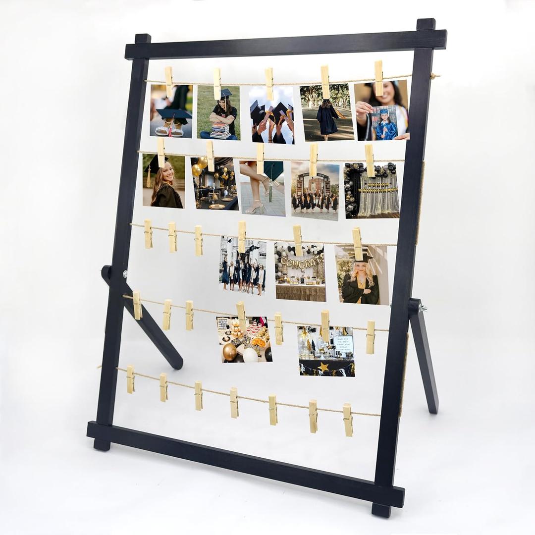 FramePro Freestanding Photo Display Board with Clips, Stable Tabletop Picture Frame Stand Holds 30+ Photos, Graduation Centerpiece Decorations 2026, Wooden Board for Photos, Artworks (Black)
