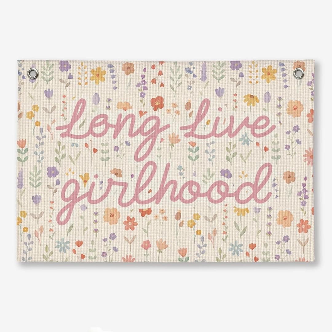 Girls Bedroom Playroom Wall Decor, Girls Toddler Nursery Linen Banner, Playroom Wall Decor for Nursery Girl, FLoral Kids Bedroom Dorm Decorations Room Banner 20x30 Inch
