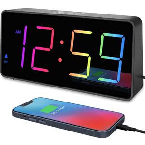 Peakeep Digital Alarm Clock for Bedroom Bedside, Extra Loud for Heavy Sleepers Adults, Large RGB Color Changing Colorful LED Big Numbers, Battery Backup Plug in Electric Clock with USB Charger (Black + 8 Colors)