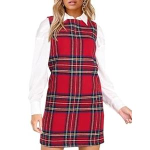 Fisoew Womens Plaid Christmas Mini Dress Fall Sleeveless Crew Neck Xmas Party Overall Dresses Red