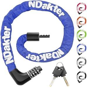 NDakter Bike Locks, 4.28 Ft Bike Chain Lock with 2 Ways to Unlock, 4 Digit Combination Heavy Duty Anti-Theft Bicycle Lock with 2 Keys, High Security Scooter Lock for Ebike, Electric, Motorcycle, Door(Blue)